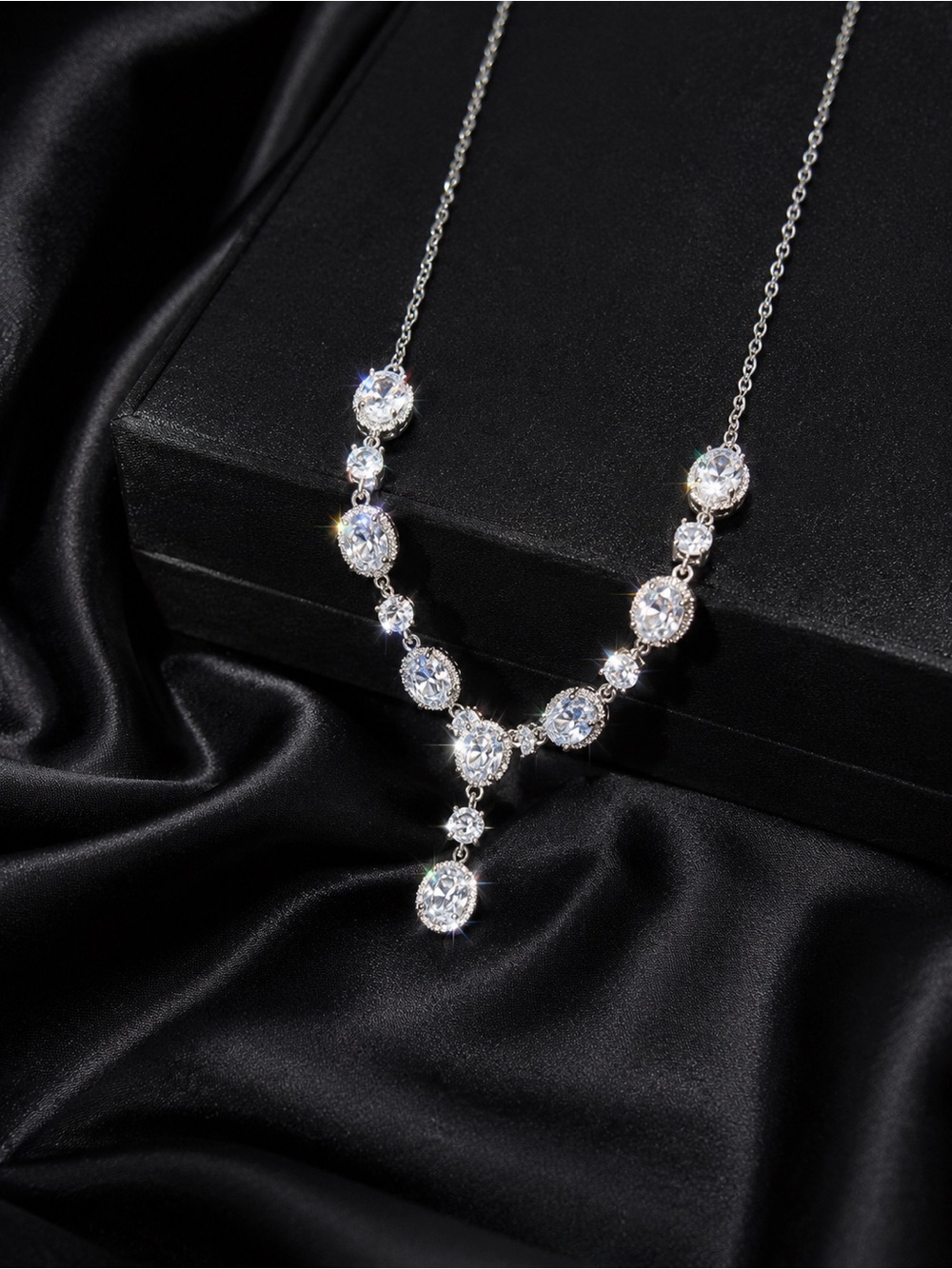 Silver Crystal Drop Necklace in White - Elegant Sparkle